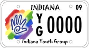 image of license plate with a handprint in the center of a rainbow and text reading 'Indiana Youth Group'