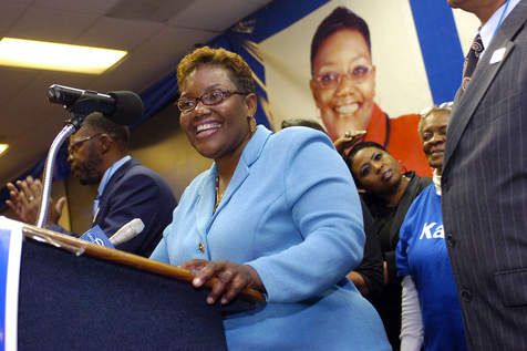 newly elected mayor of Gay Karen Freeman-Wilson, a black woman, takes the podium for her acceptance speech during her election party