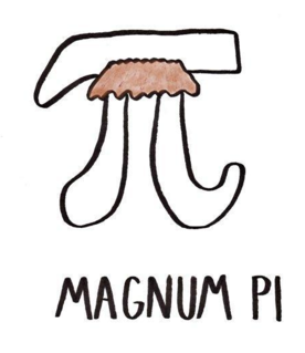 a graphic of the symbol 'pi' sporting a bushy mustache, labeled 'Magnum PI'