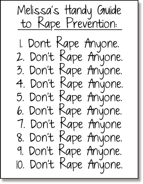 image of a handwritten list labeled 'Melissa's Handy Guide to Rape Prevention' with 10 rape prevention tips, all of which read 'Don't rape anyone.'