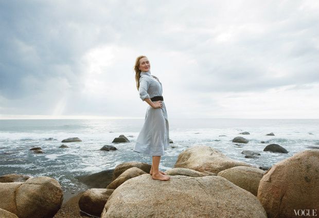 image from 'Vogue' of actress Meryly Streep standing on rocks on a beach