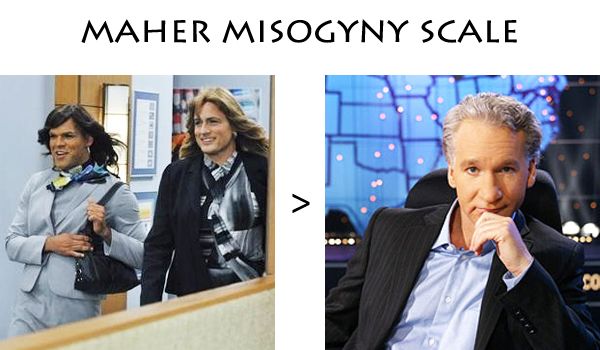 image showing a scene from Work It and an image of Bill Maher with a greater sign favoring Work It, labeled 'Maher Misogyny Scale'