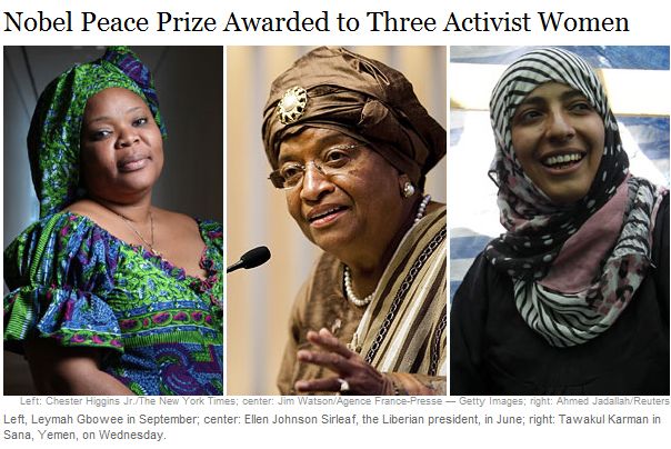 image from New York Times online edition featuring Leymah Gbowee, Liberian President Ellen Johnson Sirleaf, and Tawakul Karman