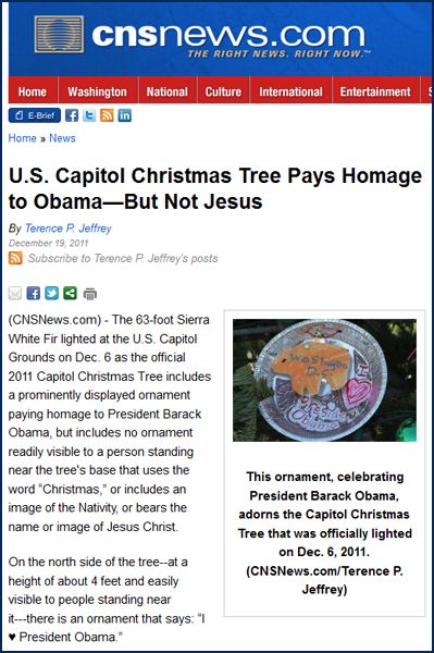 screenshot from the website of the 'Conservative News Service' of a story headlined 'U.S. Capitol Christmas Tree Pays Homage to Obama—But Not Jesus' and showing an image of an ornament obviously made by a child reading 'I [heart] President Obama.'