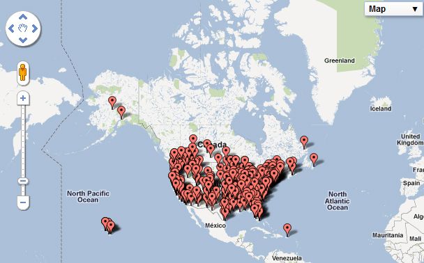 map of North America absolutely covered with pins showing the locations of Occupy Wall Street protests across the US and Canada