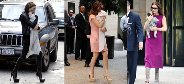 three images of singer Victoria Beckham carrying her infant daughter while wearing very high heels