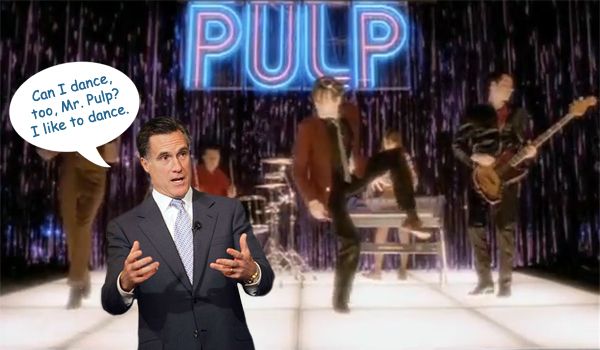A still from Pulp's 'Common People' video of the band onstage with Mitt Romney Phtoshopped in with a dialogue bubble asking 'Can I dance, too, Mr. Pulp? I like to dance.'