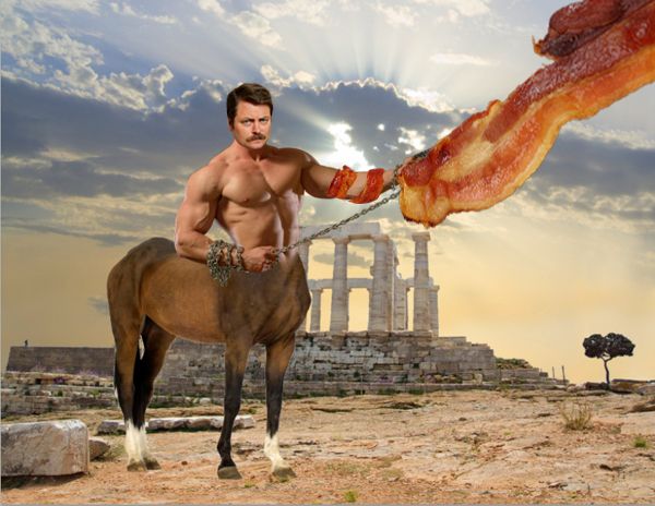 image of a Ron Swanson centaur swinging a giant piece of bacon at the end of a chain