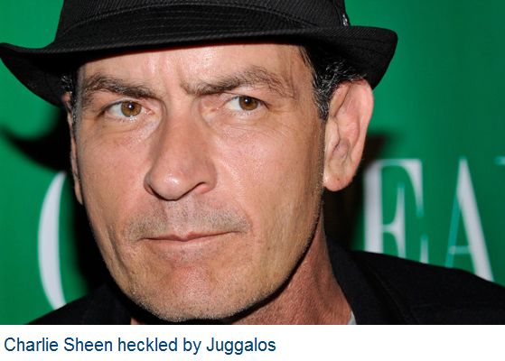 screen capture from CNN website with image of Charlie Sheen and headline 'Charlie Sheen heckled by juggalos'.