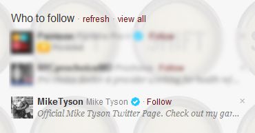 a screen capture of the 'Who to Follow' section on my Twitter page, in which convicted rapist Mike Tyson is being recommended as someone I might like to follow