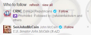 screen cap of Twitter recommendations for me, including the College Republicans and John McCain