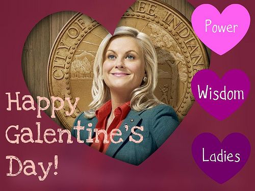 image of Leslie Knope Happy Galentine's Day card featuring hearts reading Power, Wisdom, Ladies