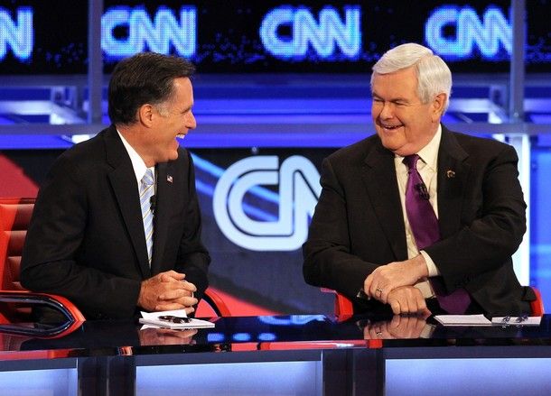 Romney and Gingrich laughing