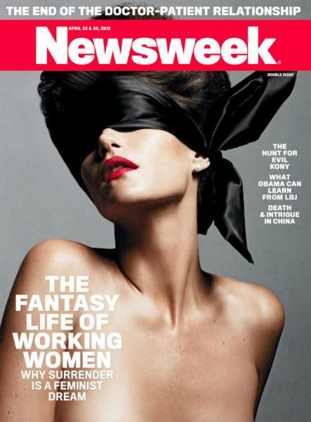 image of a very thin white young woman from the chest up, who is naked, except for a black silk blindfold; she is wearing bright red lipstick with her lips slightly parted, and her head is tilted back as if in ecstasy; the text for the cover story reads: 'THE FANTASY LIFE OF WORKING WOMEN: Why surrender is a feminist dream.'
