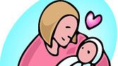 drawing of a pink-faced, blonde-haired mother gazes down at her pink-faced baby, with a pink heart between them