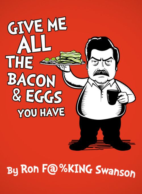 a drawing of Ron Swanson holding a plate of bacon and eggs in Dr. Seuss book cover style, titled 'Give Me All the Bacon & Eggs You Have' by Ron F@%king Swanson