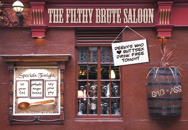 image of a pub photoshopped to be named 'The Filthy Brute Saloon'