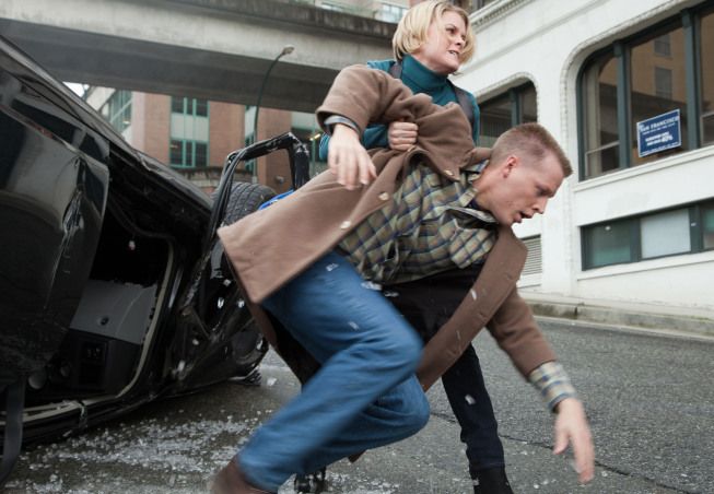image of Detective Rebecca Madsen, a petite young white woman, throwing Tommy Madsen, a tall young white man, to the ground