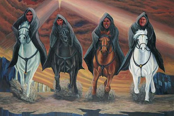 An artistic rendering of the Four Horsemen of the Apocalypse into which I have inserted the faces of Mitt Romney, Ron Paul, Rick Santorum, and Newt Gingrich.