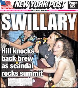 image of the front page of yesterday's NY Post, with photo of HRC drinking a beer and the headline SWILLARY