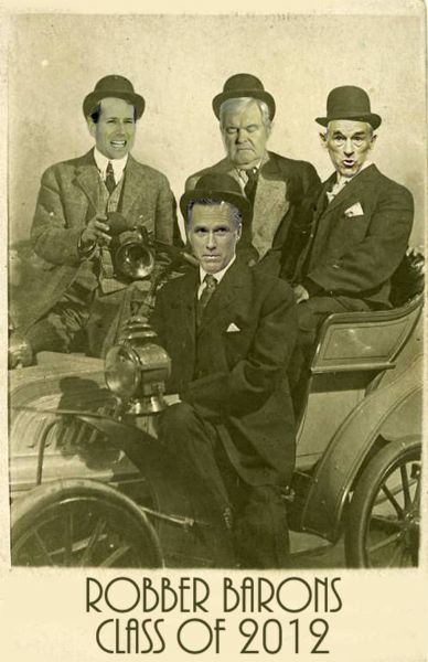 an old-timey picture of four men sitting around a car, whose faces have been replaced by the candidates'; it is labeled Robber Barons Class of 2012.