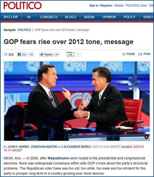 screen cap from Politico with headline reading 'GOP fears rise over tone, message' and picture of Mitt Romney and Rick Santorum physically bickering at last night's debate