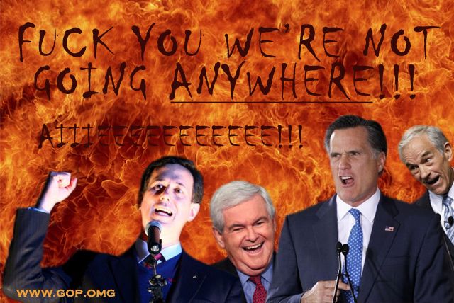 a picture of all four candidates standing in front of a wall of hellfire accompanied by text reading 'Fuck you we're not going anywhere! Aiiieeeeeeeeeee!'