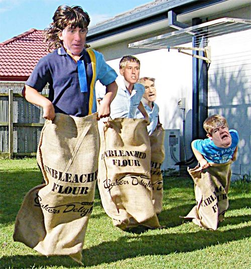 a sack race featuring Mitt Romney, Rick Santorum, Ron Paul, and Newt Gingrich