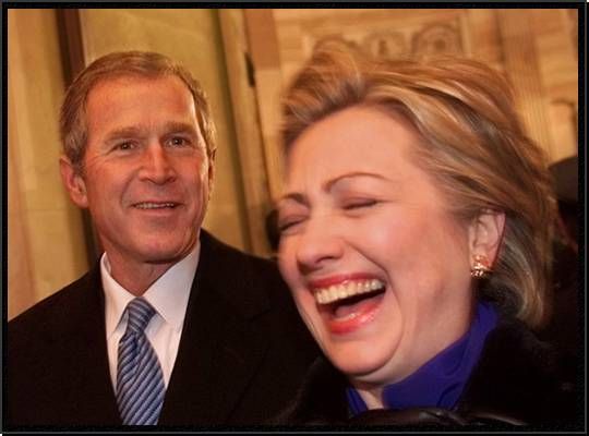 image of Hillary Clinton laughing uproariously beside GWB, while he looks vaguely confused