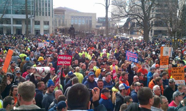 image of a huge crowd rallying outside the Indiana Statehouse