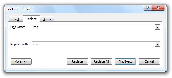 image of Word's search and replace, seeking to substitute 'Iran' for 'Iraq'