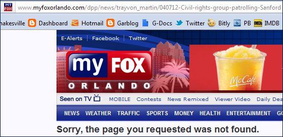 screen cap of Fox site with URL indicating the headline was 'Civil Rights Group Patrolling Sanford'