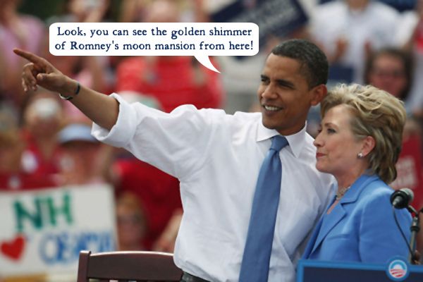 image of Barack Obama and Hillary Clinton from the 2008 election at a campaign event; Obama is pointing far out over the crowd; I have added a dialogue bubble to attribute to Obama: 'Look, you can see the golden shimmer of Romney's moon mansion from here!'