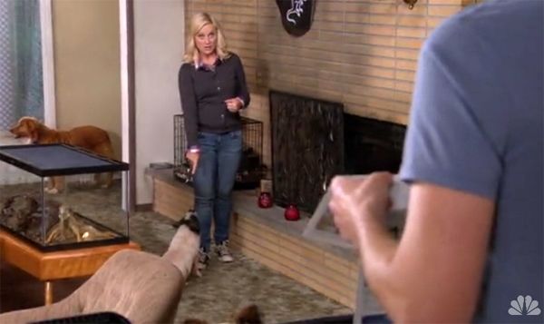 image of Amy Poehler as Leslie Knope standing in her living room, pointing at a pot-bellied pig at her feet