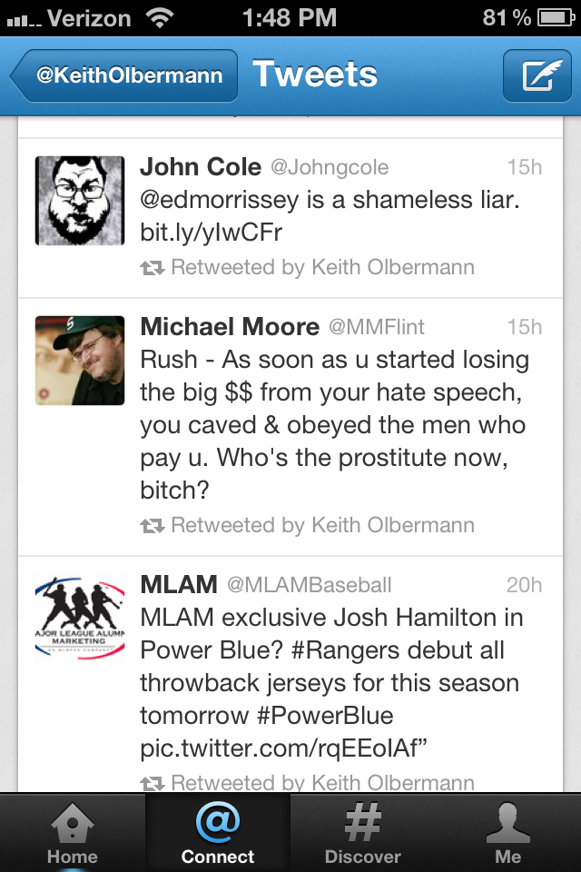 A screenshot of Keith Olbermann's retweeting of Moore's tweet.
