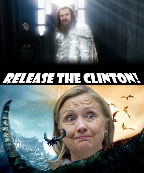 image of Liam Neeson in Clash of the Titans saying 'Release the Clinton!' and with an image of the Kraken rising out of the sea, only the Kraken has been replaced by Hillary Clinton making her 'I am so contemptuous at being obliged to have this conversation again' face.