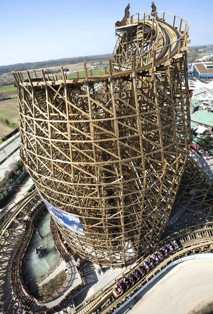 image from above of a huge wooden roller coaster