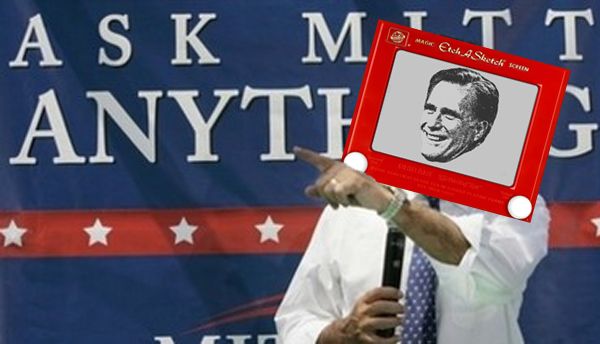 image of Mitt Romney in front of a sign reading 'Ask Mitt Anything'; his head has been replaced by an Etch A Sketch with a picture of his face on it