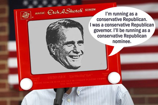 image of Mitt Romney in front of American flag with Etch A Sketch head, saying 'I'm running as a conservative Republican. I was a conservative Republican governor. I'll be running as a conservative Republican nominee.'