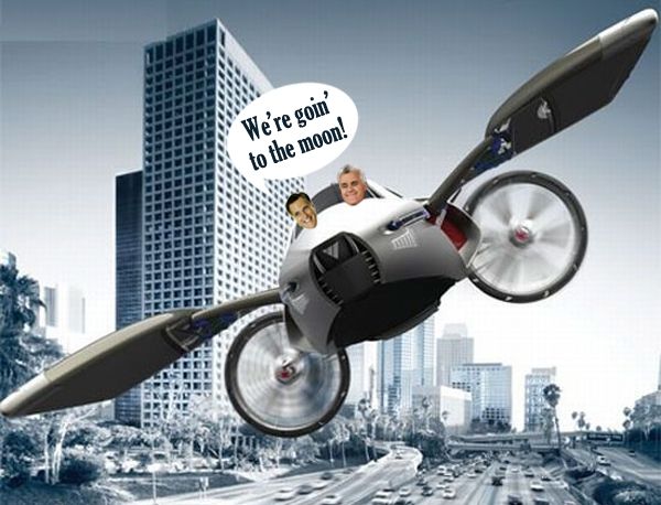 photoshopped image of Romney and Leno in a flying concept car, with Romney saying: 'We're goin' to the moon!'