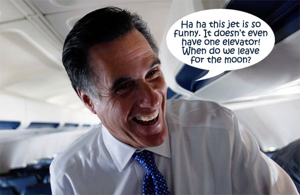 image of Mitt Romney in a plane smiling and saying 'Ha ha this jet is so funny. It doesn’t even have one elevator! When do we leave for the moon?'