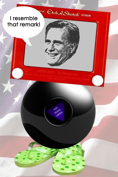 image of Mitt Romney made of an Etch-A-Sketch, Magic 8-Ball, and flip-flops, saying 'I resemble that remark!'