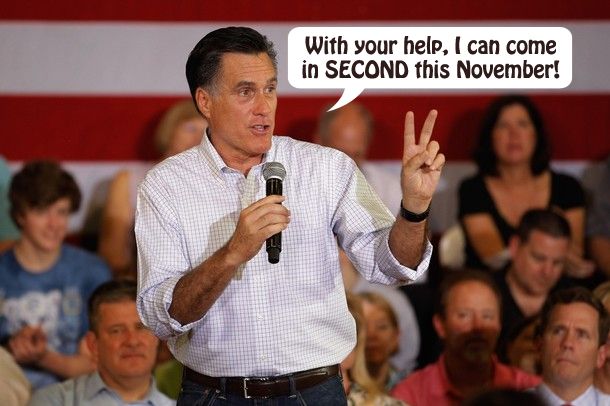 Mitt Romney stands onstage in front of a bunch of a people, none of whom look the least bit engaged, holding up two fingers. I have added text reading: 'With your help, I can come in SECOND this November!'
