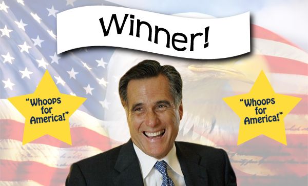 badly photoshopped image of Romney with American flag, eagle, and Constitution background, flanked by two yellow stars reading 'Whoops for America!' and underneath a banner reading 'Winner!'