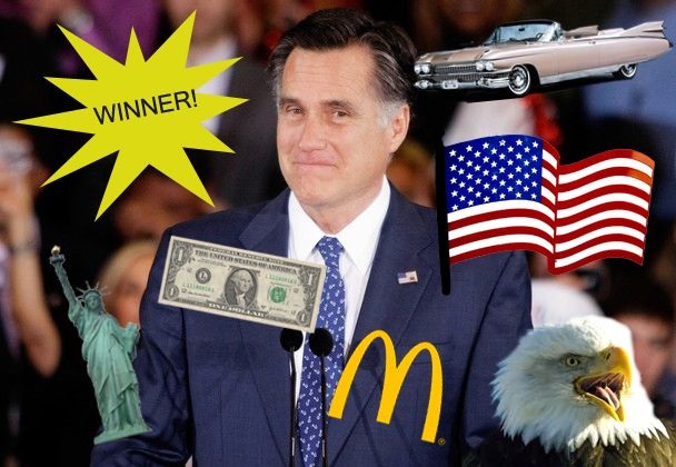 Mitt Romney at a podium in February grinning, to which I have added a yellow star reading WINNER! and the random images of the Statue of Liberty, a dollar bill, the McDonald's logo, a screaming bald eagle, a US flag, and a pink Cadillac