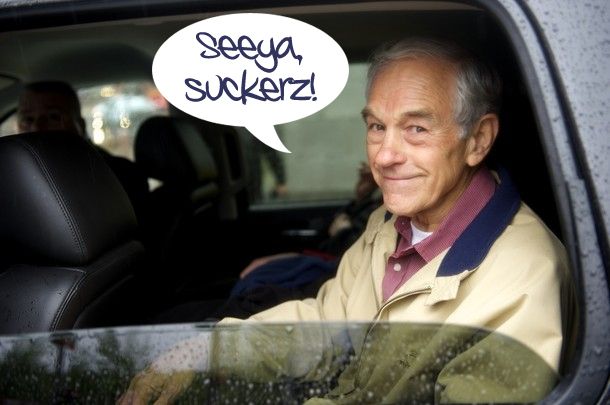 image of Ron Paul looking out the rolled-down tinted window of a vehicle, to which I have added a dialogue bubble reading: 'Seeya, suckerz!'