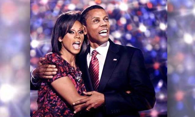 image of Ru Paul as First Lady Michelle Obama standing beside Ru Paul as President Barack Obama