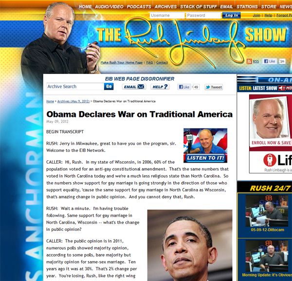 screen cap from Rush Limbaugh's site with headline reading 'Obama declares war on traditional America'