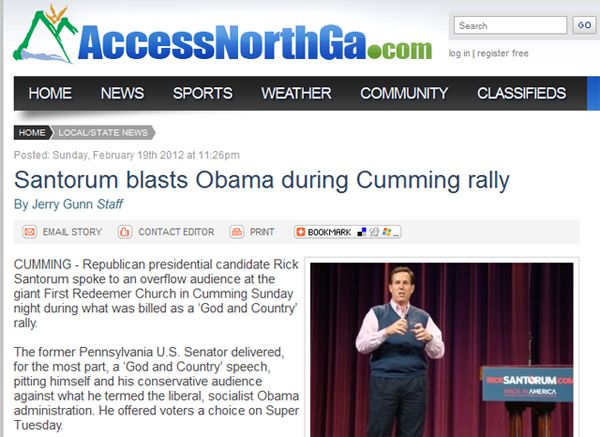 screen cap of article headlined 'Santorum blasts Obama during Cumming rally'