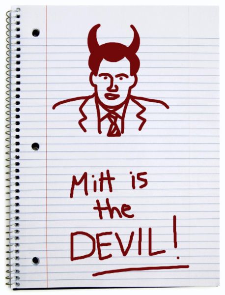 a notebook page with a doodle of Mitt Romney with devil horns and 'Mitt Romney is the DEVIL!' scrawled in red